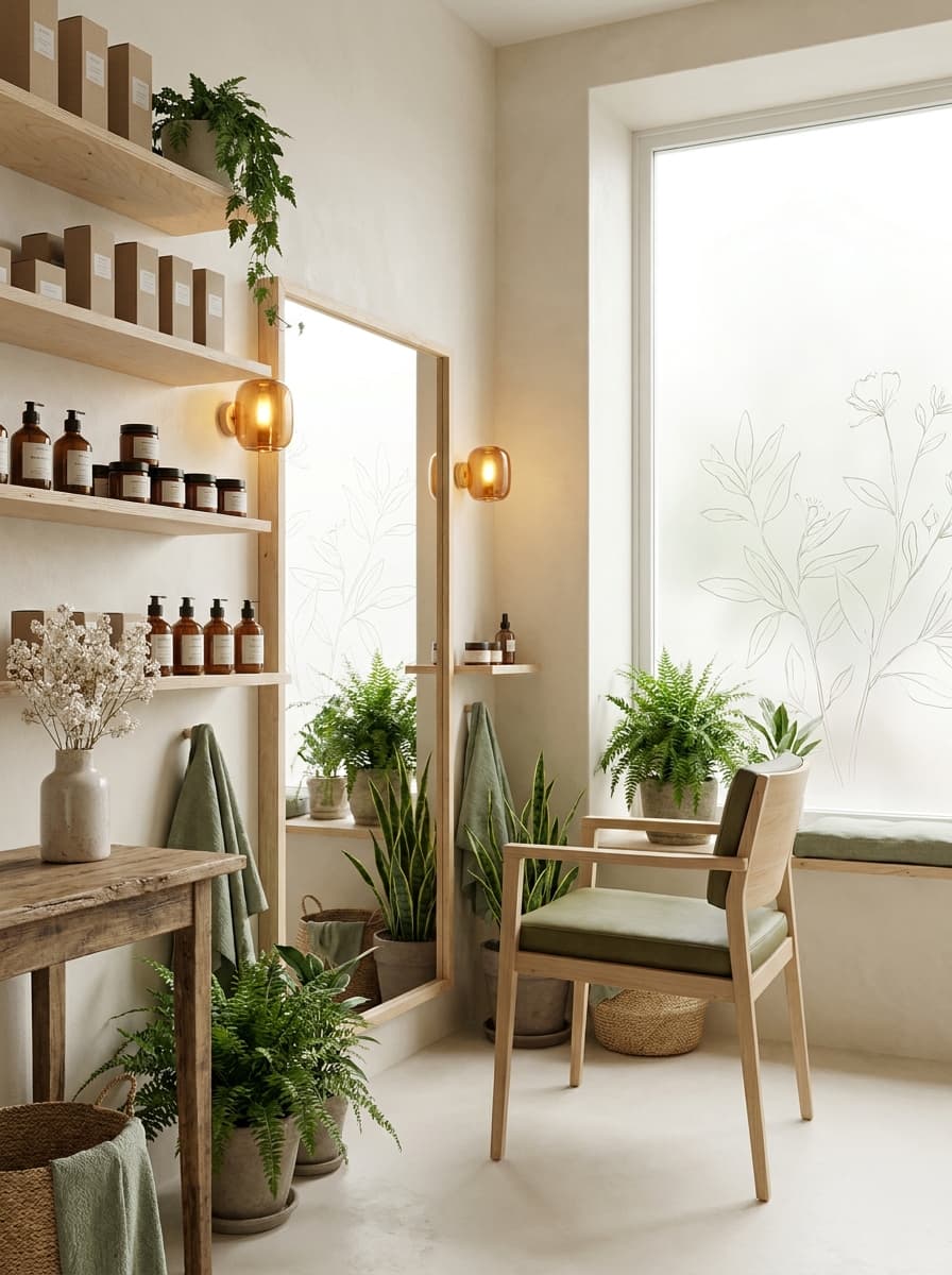 Intérieur du salon L’Autre Moi : étagères en bois clair, plantes et lumière ambrée